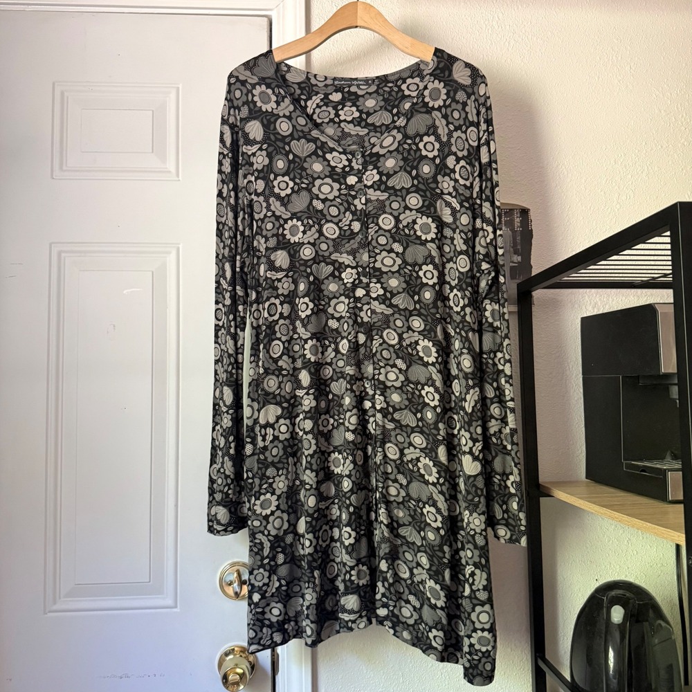 GUDRUN SJODEN grey floral v-neck long sleeve micro modal midi t-shirt dress